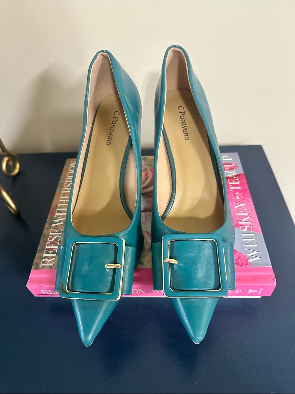 Peacock Teal Pointed Toe Pumps with Buckle